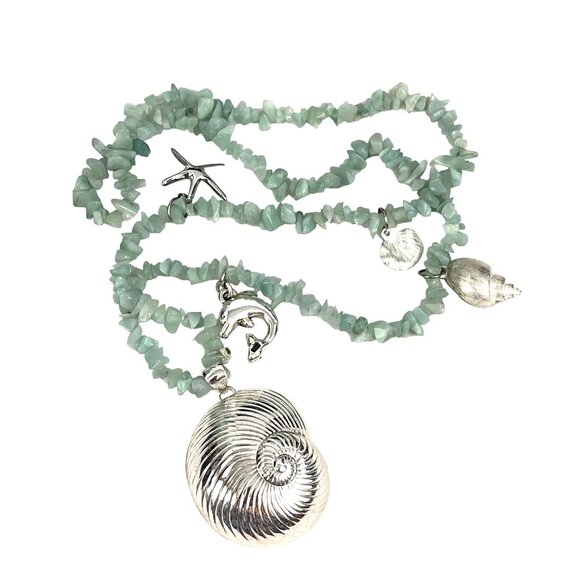 Handcrafted Faux Aquamarine Chip Bead Necklace With Ocean-Themed Charms & Silver - Picture 2 of 10